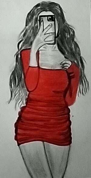 Girl Looking herself in the mirror with her mobile